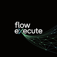 Modern digital logo for flow execute business combining text and abstract network connection visuals for tech and data concepts vector