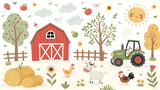 Charming farm scene with red barn green tractor cute animals and autumn harvest elements ideal for childrens designs