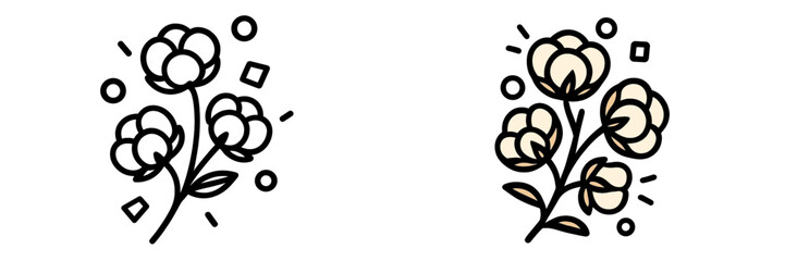 Cotton plant icon set with line art and color versions isolated on a white background for natural organic textile design