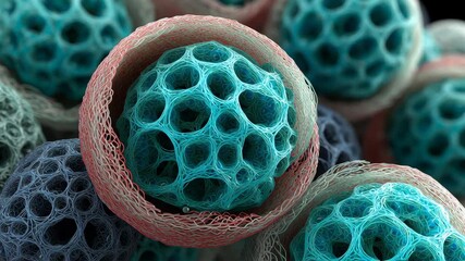 Porous turquoise sphere filament structure organic texture close up macro abstract spherical form porous blue sphere red mesh