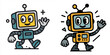 © Andrei - Set of two friendly cartoon robot characters walking and waving, cute futuristic android mascots with retro design isolated on a white background