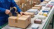 © Flash memory - A worker sealing a cardboard box on a conveyor belt using packing tape dispenser. Order fulfillment and logistics.