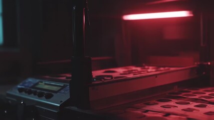 High-Tech Food Production Line: Automated Manufacturing Process in Red-lit Industrial Setting