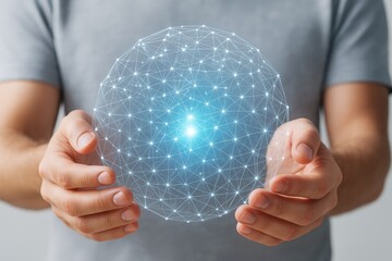 Wall Mural - man holding glowing digital sphere made of interconnected light nodes with abstract technology netwo
