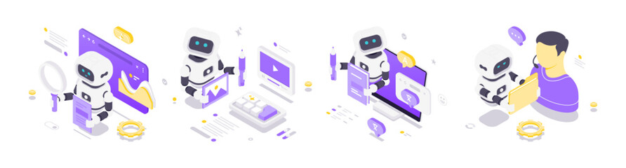 Isometric vector illustration showing futuristic robots with artificial intelligence working in analytics, design, translation, and personal data protection in a modern technology environment.