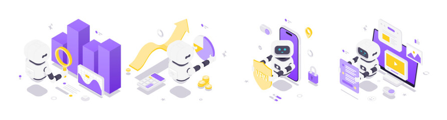 Isometric vector illustration showing artificial intelligence robots in scenes of big data analytics, finance automation, VPN security, and multimedia content processing in a modern digital style.