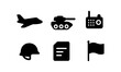 © 123levit - Military icon set featuring plane, tank, radio, helmet, document, and flag silhouettes