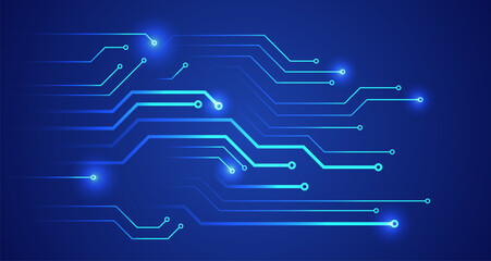 Abstract glowing circuit lines on a blue background, representing digital technology, networks, and high-tech innovation.