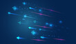 © arthead - Abstract background with glowing neon arrows and digital light stripes on dark blue background. Futuristic concept of technology, data transfer, speed and innovation.