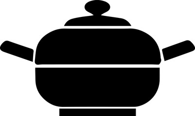 Black pot with a lid on top. The lid is slightly raised. The pot is sitting on a white background