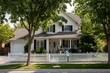 © Zakir - Charming white house with picket fence, lush greenery, and manicured lawn evokes peaceful suburban living