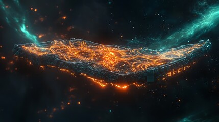 Wall Mural - Futuristic spaceship with glowing orange lines in outer space view