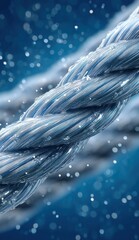 Wall Mural - close-up of blue fiber-optic cables with glowing particles on a blurred background