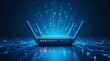 © Spirit - Wi-Fi router against dark blue background with holographic WiFi sign. Wireless internet broadband network technology background.