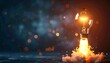 © punyapob - Glowing lightbulb launching like a rocket against a dark background, creative concept symbolizing ideas and innovation light