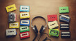 © Bangdham - Collection of Retro Cassette Tapes and Vintage Headphones on Wooden Background