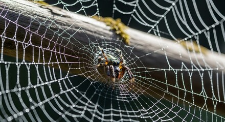 A spider sits at the center of its intricate web.