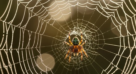 Colorful Orb Weaver Spider on a Dewy Web.