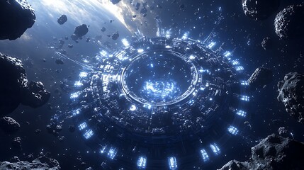 Wall Mural - Futuristic space station surrounded by asteroids in deep space view