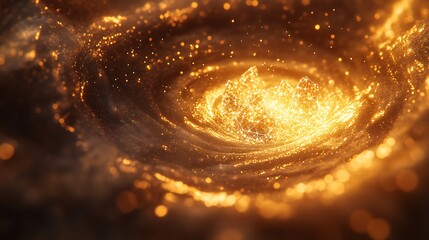 Wall Mural - Abstract golden vortex with glowing particles and network structure
