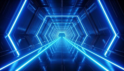 Digital glowing tunnel with perspective lines neon futuristic cyber style abstract background

