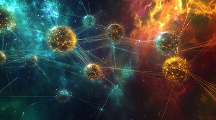 Wall Mural - Network of connected spheres in a colorful nebula background view
