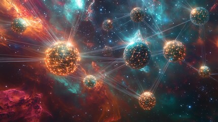 Wall Mural - Glowing spheres interconnected in a vibrant cosmic nebula scene