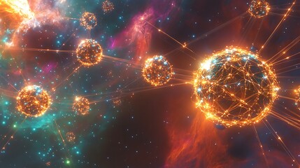 Wall Mural - Glowing spheres connected in a network against a nebula backdrop