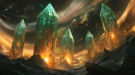 Wall Mural - Five green crystals rise from rocky landscape under starry sky art