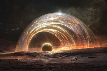 Wall Mural - Glowing dome surrounds a planet in a dark and starry landscape