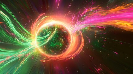 Wall Mural - Abstract colorful nebula with vibrant green and pink light trails