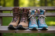 © Wiwat - Brown hiking boot and teal hiking boot pair on wooden bench in nature, comfortable outdoor footwear suggesting companionship and adventure