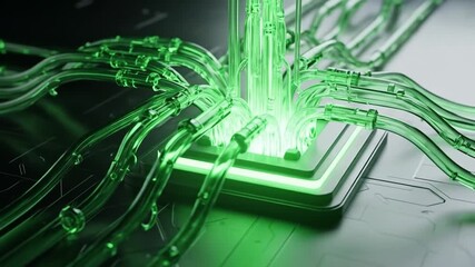 Green glowing computer chip with data transfer concept.