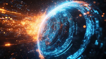 Wall Mural - Abstract digital globe with glowing blue and orange light effects