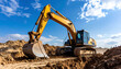© Triska - A yellow excavator digs into the earth under a bright blue sky, construction site.