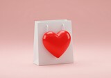 Shopping bag with red heart on pink background Valentines day gift idea love and romance concept greeting card template