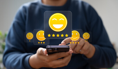 Canvas Print - Customer giving five-star rating on smartphone, showing positive feedback and satisfaction review. Great concept for service quality, user experience, and online reputation.