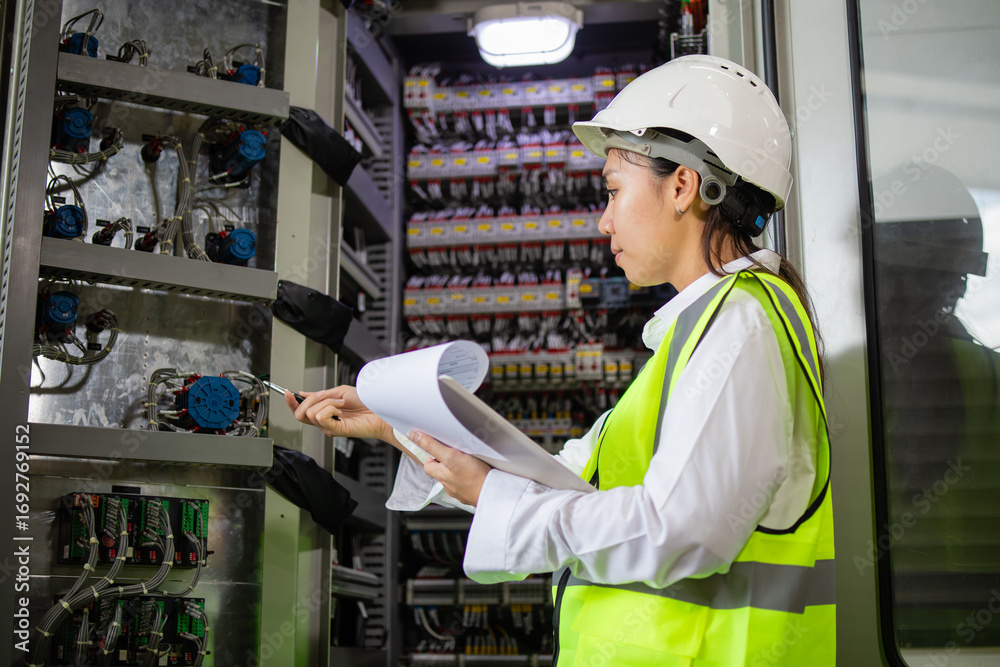 Stock-Foto „Worker in high visibility vest and helmet performs control ...
