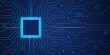 © dlyastokiv - Processor CPU with glowing neon frame on circuit board. Technology artificial intelligence innovation web banner. Digital AI chip tech semiconductor pattern. Big data backdrop