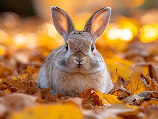 Wall Mural - a curious rabbit with large ears rests peacefully amidst a carpet of colorful autumn leaves embodyin