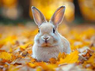Wall Mural - a fluffy young rabbit sits nestled in a bed of vibrant yellow and orange autumn leaves bathed in war
