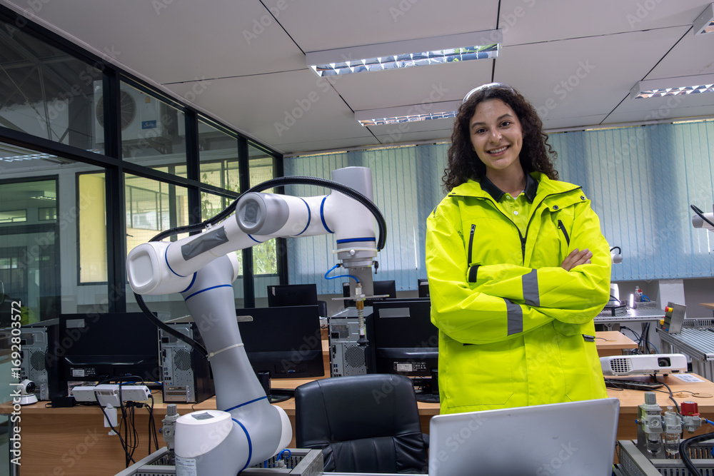 Engineer wearing bright jacket poses with robotic arm in modern ...