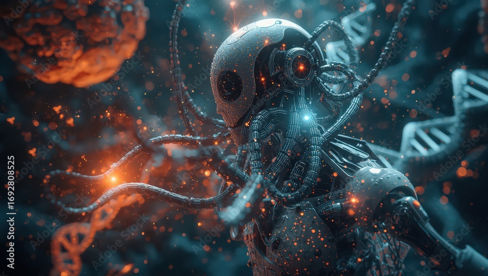 Futuristic robot with cables and dna strands floating in a dark and ...