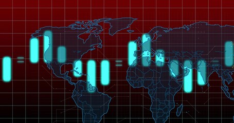 Wall Mural - Displaying world map over red grid on digital screen, with turquoise bars and glowing equals signs