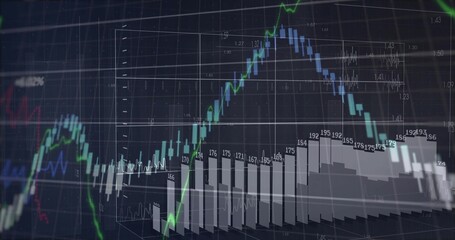 Wall Mural - Displaying chart on screen, with green blue line graphs 3D bar chart value labels and waveforms