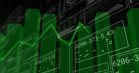 Wall Mural - Showing green 3D bar chart overlaying line graph on dashboard with gridlines, panels and readouts