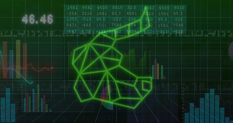 Wall Mural - Displaying neon green bull symbol hovering over grid floor, with tickers, bar charts, line graphs