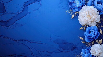 Wall Mural -   Blue and white flowers with gold leaves on a dark blue marble background Gold leaf border on the left side of the frame