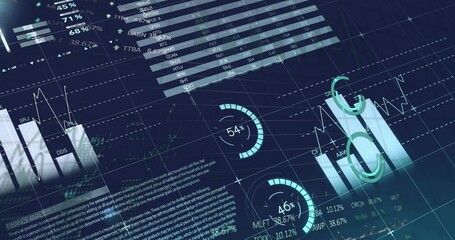 Wall Mural - Displaying data dashboard showing bar or line charts, gauges indicating 54%, 46%, tables on screen