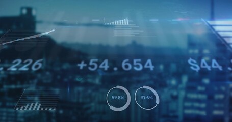 Wall Mural - Displaying financial dashboard overlay over dusk skyline, with translucent charts and metrics
